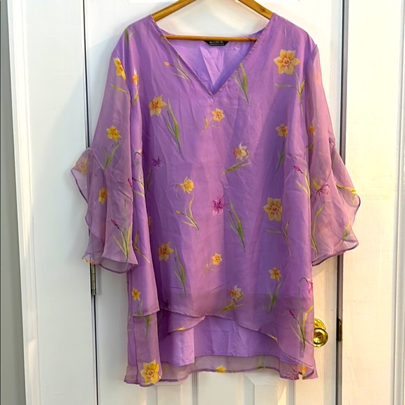 BloomChic Purple and Yellow Bell Sleeve Tunic, chiffon material , lined, 22-24W - Picture 2 of 11